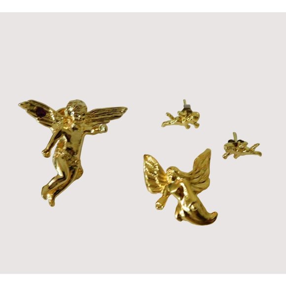 Jewelry - Set of 4 Angels Pendant Pierced Post Earrings Brooch Pin Gold Tone Cupid